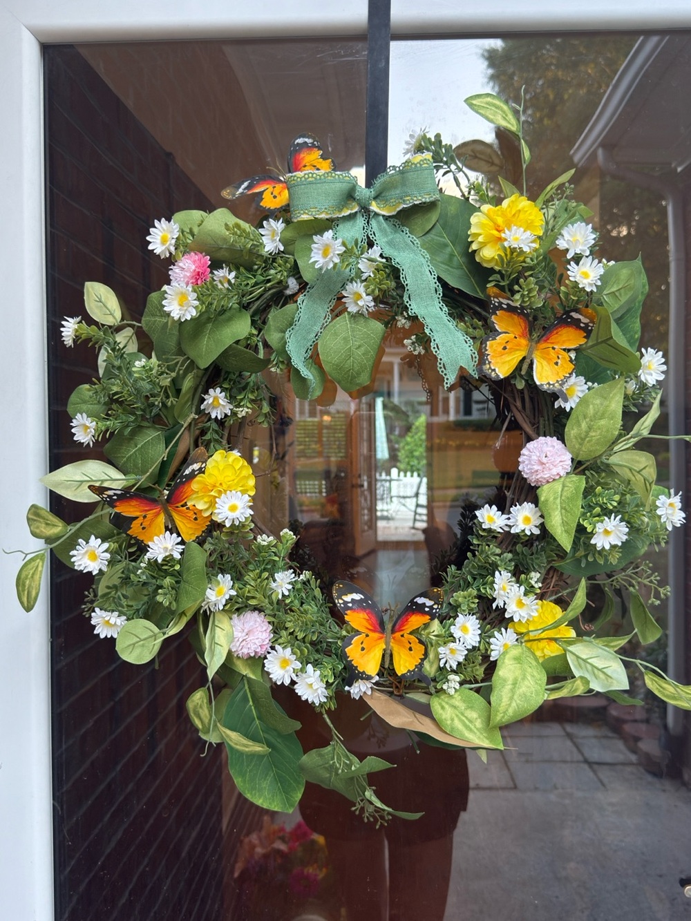 Hand Crafted Yellow Butterfly Daisy Floral Wreath with Green Bow